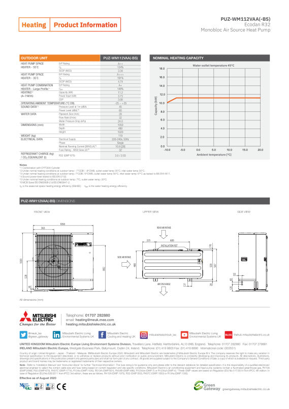 Mitsubishi Ecodan PUZ-WM112VAA(-BS) monobloc unit 11.2kw